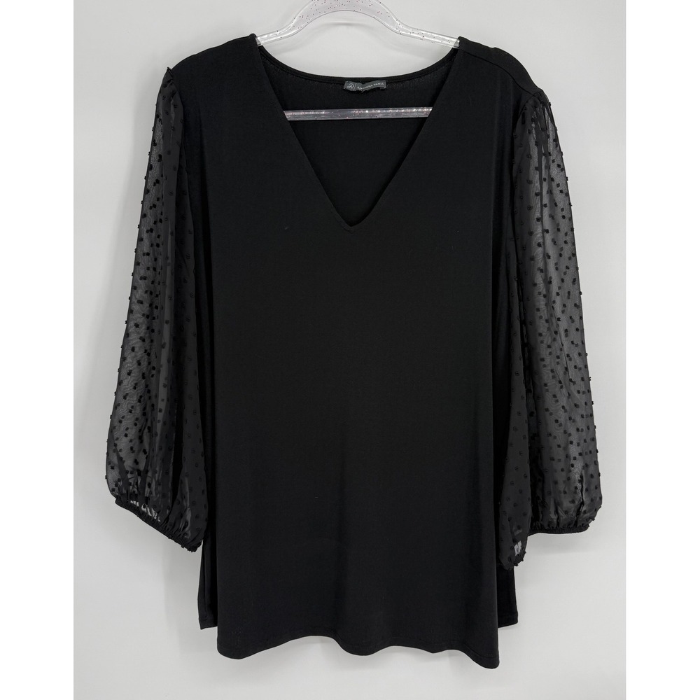 Adrianna Papell Black Swiss Dot Sheer Balloon Sleeve V-Neck Top Sz (see pics)